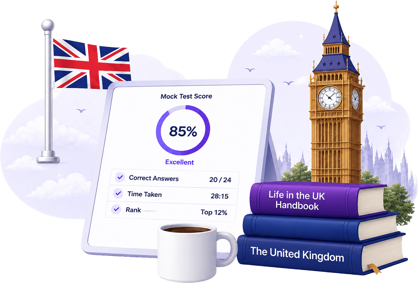 An 85% mock test score next to a UK flag and Life in the UK Test study books
